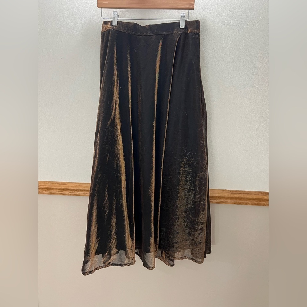 Vintage Handmade Metallic Gold Black Flare Midi Skirt size medium